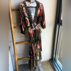 Anthropologie Farm Rio Black and Red Floral Wrap Dress